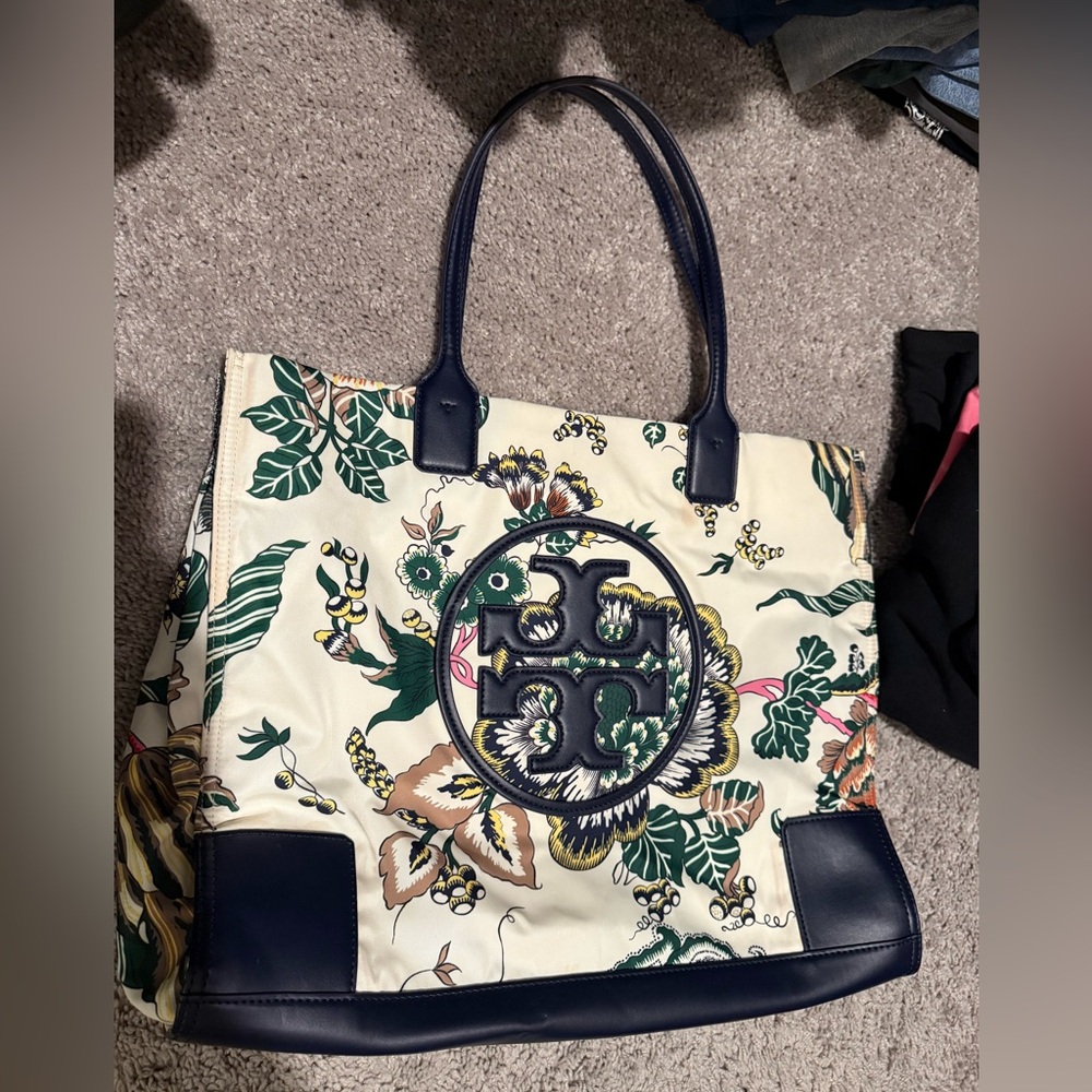Tory Burch Cream Floral Canvas Tote with Navy Leather Trim
